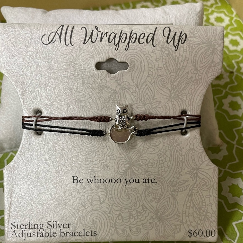 NEW 2 Adjustable Satin Bracelets. Brown Satin With SS Owl.Black Satin SS Circle.